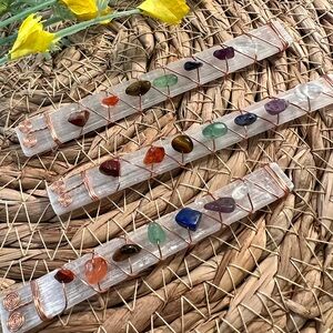 Selenite Crystal Wand with Rainbow Chakra Gemstones & Hand-wired Copper